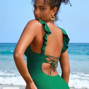 Girls' Green Ruffle One-Piece Swimsuit with Back Tie